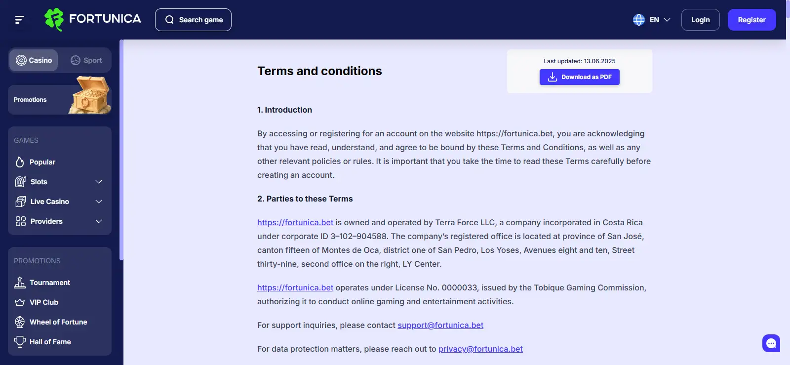 Real screen capture of the Fortunica terms section showing operator and licence wording