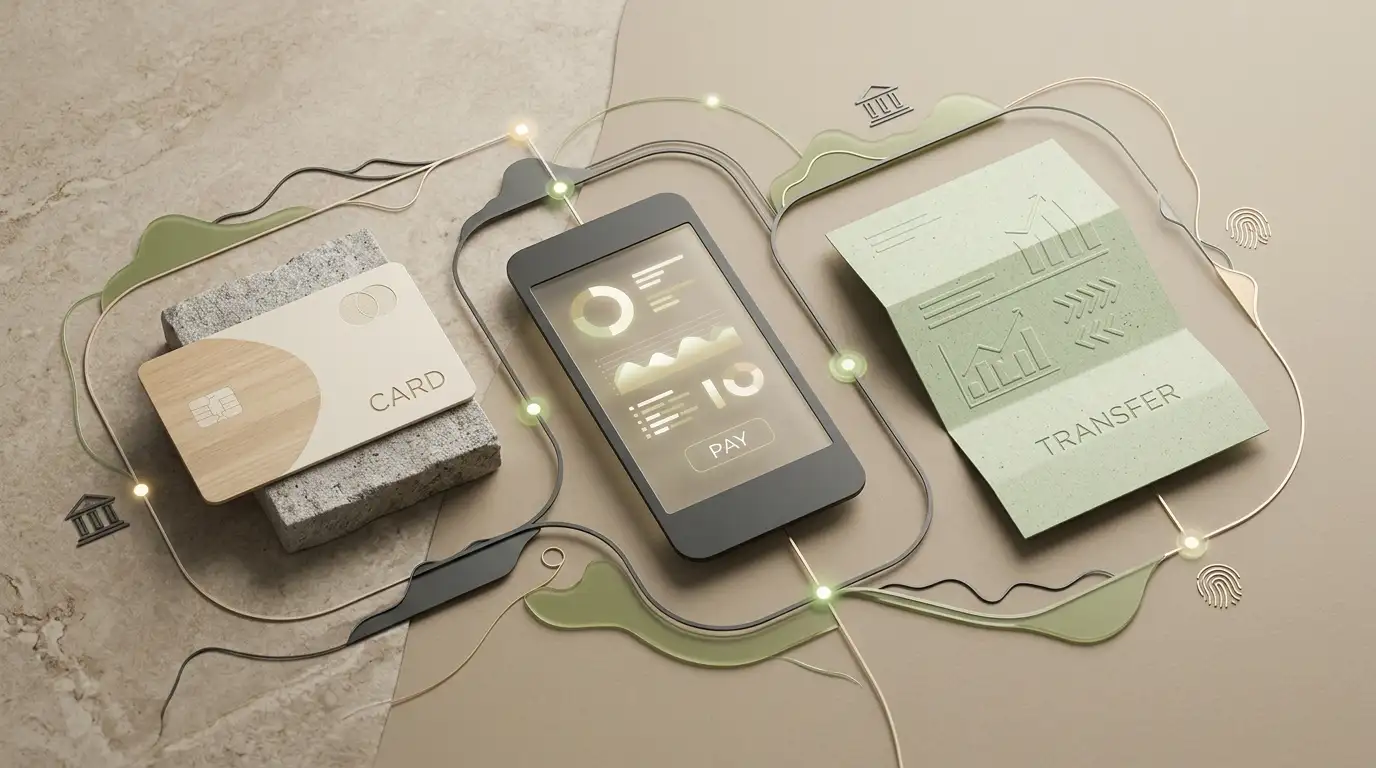 Conceptual illustration of cards, bank transfer, mobile wallet and PayID-style Australian digital payments without logos
